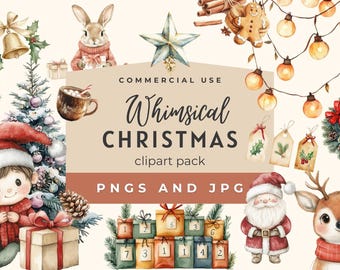 Whimsical Christmas Clipart, Commercial Use, neutral watercolor Christmas, Seasonal Clipart, Christmas PNG, Christmas Wreath, Xmas Clipart