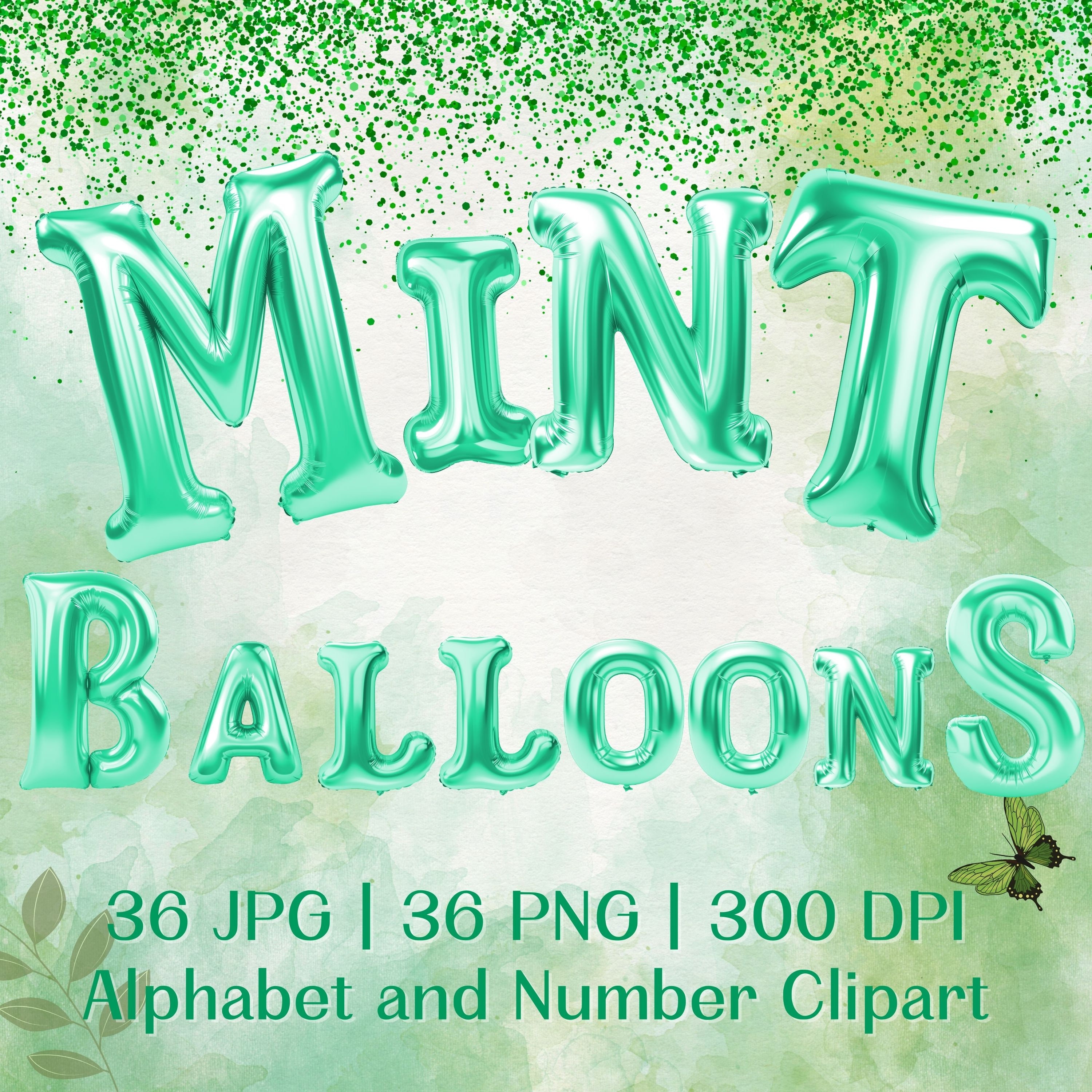 Clipart alphabet ballons vert menthe : ensemble de nombres PNG de A à Z