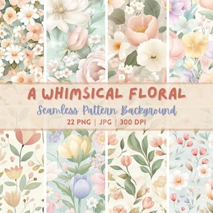 Whimsical Floral Seamless Pattern Backgrounds,Pastel Botanical Prints for Scrapbooking,Sublimation ,Digital Craft Use,fabric design