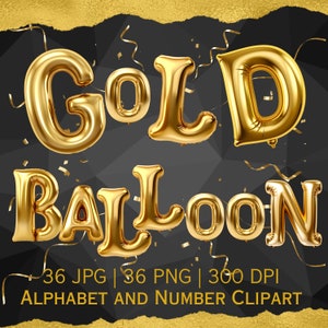 Clipart de alfabeto com balão dourado: A-Z PNG, números (download digital)