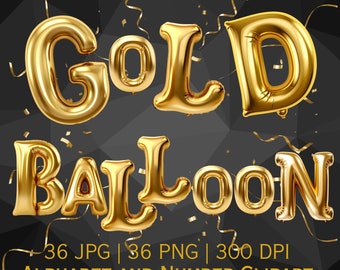 Clipart alphabet ballon doré : PNG de A à Z, chiffres (téléchargement numérique)