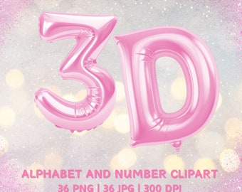 Clipart police de caractères ballon rose 3D : de A à Z, de 0 à 9 (PNG, JPG)