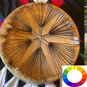 May include: A close-up of a round, brown leather drum with black lacing. The drum is stretched over a wooden frame and has a star-shaped design in the center. A color wheel is visible in the lower right corner of the image.