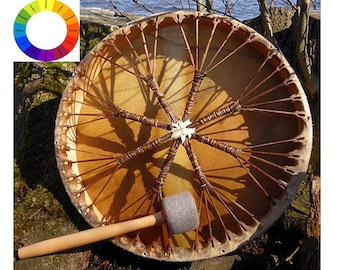 Tambor chamánico artesanal de piel de búfalo, estilo nativo americano: 56-71 cm (22-28 pulgadas). Incluye baqueta y marco de madera.