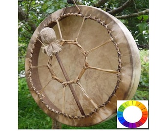 Tambor de percusión chamánico de cuero crudo, estilo nativo americano, hecho a mano, de 30 a 90 cm, con marco de madera, natural y mazo.