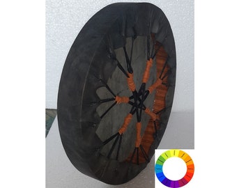 Tambor de madera de estilo nativo americano, de 30 a 90 cm, hecho a mano, de cuero de búfalo crudo, para meditación y percusión, con marco de madera natural y mazo.