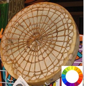 May include: A round, brown leather drum with a woven pattern of brown strips. The drum is on display at a craft market.