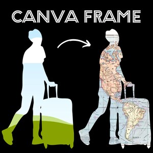 Op de afbeelding: Twee silhouetten van mensen die met koffers lopen. De koffers zijn transparant en laten een wereldkaart zien. De tekst "CANVA FRAME" staat bovenaan de afbeelding.