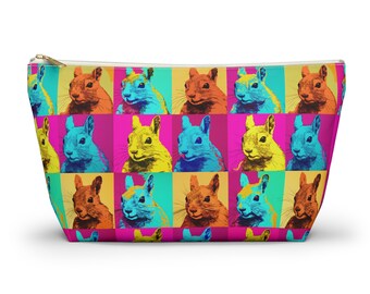 May include: A colorful zippered pouch with a repeating pattern of squirrels in a pop art style. The squirrels are in shades of blue, yellow, and orange against a pink, yellow, and turquoise background.