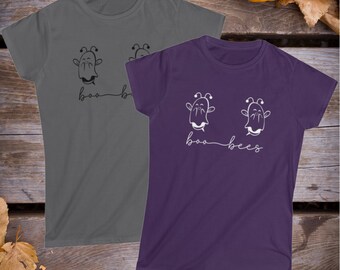 Boo Bees Cute Funny Halloween Fall Harvest Ghosts Cotton Graphic Fitted Women&#39;s Softstyle Tee