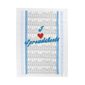 May include: A blue and white spreadsheet with the words "I love spreadsheets" in blue text with a red heart in the middle of the words. The spreadsheet has columns labeled January through August with numbers in each cell.