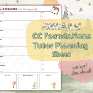Może przedstawiać: Drukowana karta planowania tutora CC Foundations z tłem o tematyce przyrodniczej. Karta zawiera sekcje dla Harmonogramu, Łaciny, Historii, Matematyki, Nauki, Języka angielskiego, Geografii, Sztuk Pięknych, Nauki Praktycznej i Przeglądu. Są też pola wyboru dla "Przygotować" i "Zabierać".