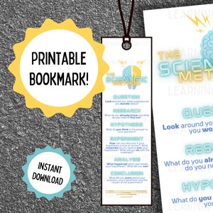 May include: A printable bookmark with a light blue and yellow brain graphic. The bookmark outlines the steps of the scientific method: Question, Research, Hypothesis, Experiment, Analyze, and Conclusion.