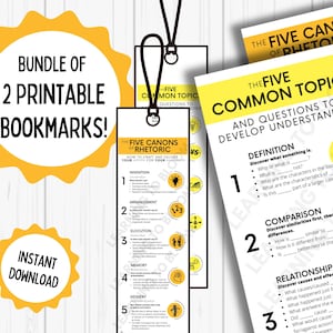 Puede incluir: Un paquete de dos marcadores imprimibles con texto amarillo y negro. Los marcadores están diseñados para ayudar a los estudiantes a comprender los cinco cánones de la retórica y los cinco temas comunes utilizados para desarrollar la comprensión. Los marcadores presentan un icono de bombilla y un fondo amarillo.