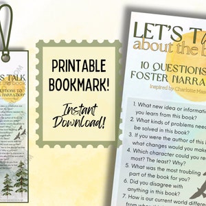Puede incluir: Marcador de página imprimible con un sol amarillo y pájaros, con 10 preguntas para fomentar la narración inspiradas en Charlotte Mason. El marcador tiene un fondo de bosque verde y marrón.