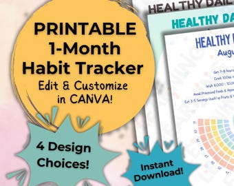 Plantilla de seguimiento de hábitos mensual: seguimiento de hábitos editable, seguimiento de objetivos imprimible, hábitos diarios saludables, objetivos personalizados, hábitos personales