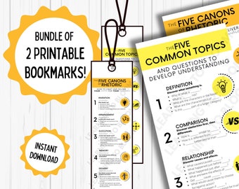 Paquete de marcapáginas de desafío CC, cinco temas comunes, cinco cánones de retórica, obsequio para el director de CC, obsequio para la clase de CC, marcapáginas de educación clásica