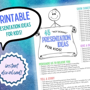 Puede incluir: Ideas de presentación imprimibles para niños con 45 ideas enumeradas. Las ideas se dividen en tres categorías: Mostrar algo y contarlo todo, Persuádenos de que nos crees y Cuenta una historia. El documento está decorado con un personaje de dibujos animados que sostiene un rollo.