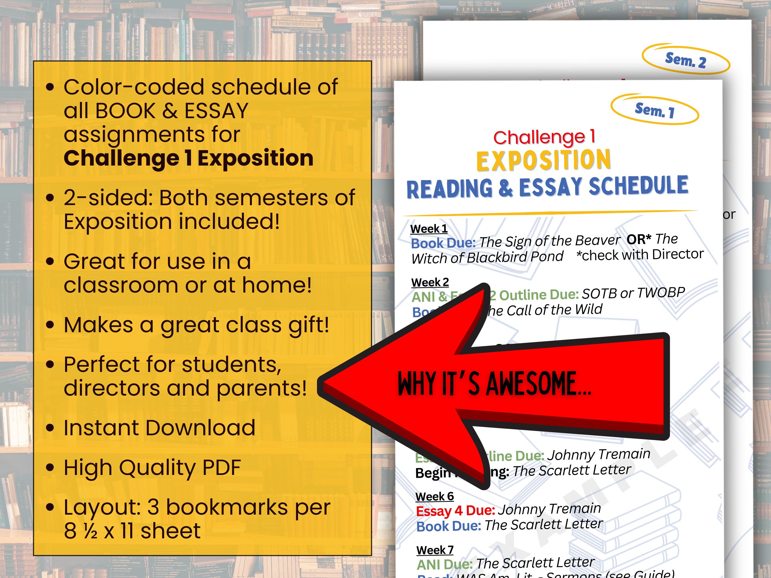 CC Challenge 1 Reading Bookmark, Essay Schedule, Exposition, Class Gift ...