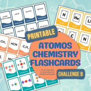 May include: Printable chemistry flashcards for middle schoolers. The cards feature colorful illustrations of atoms, molecules, and chemical formulas. The cards are labeled with terms like "Lewis Structures", "Molecule", "Matter", and "Metals". The cards are part of a set called "Atomos Chemistry Flashcards: Challenge B".