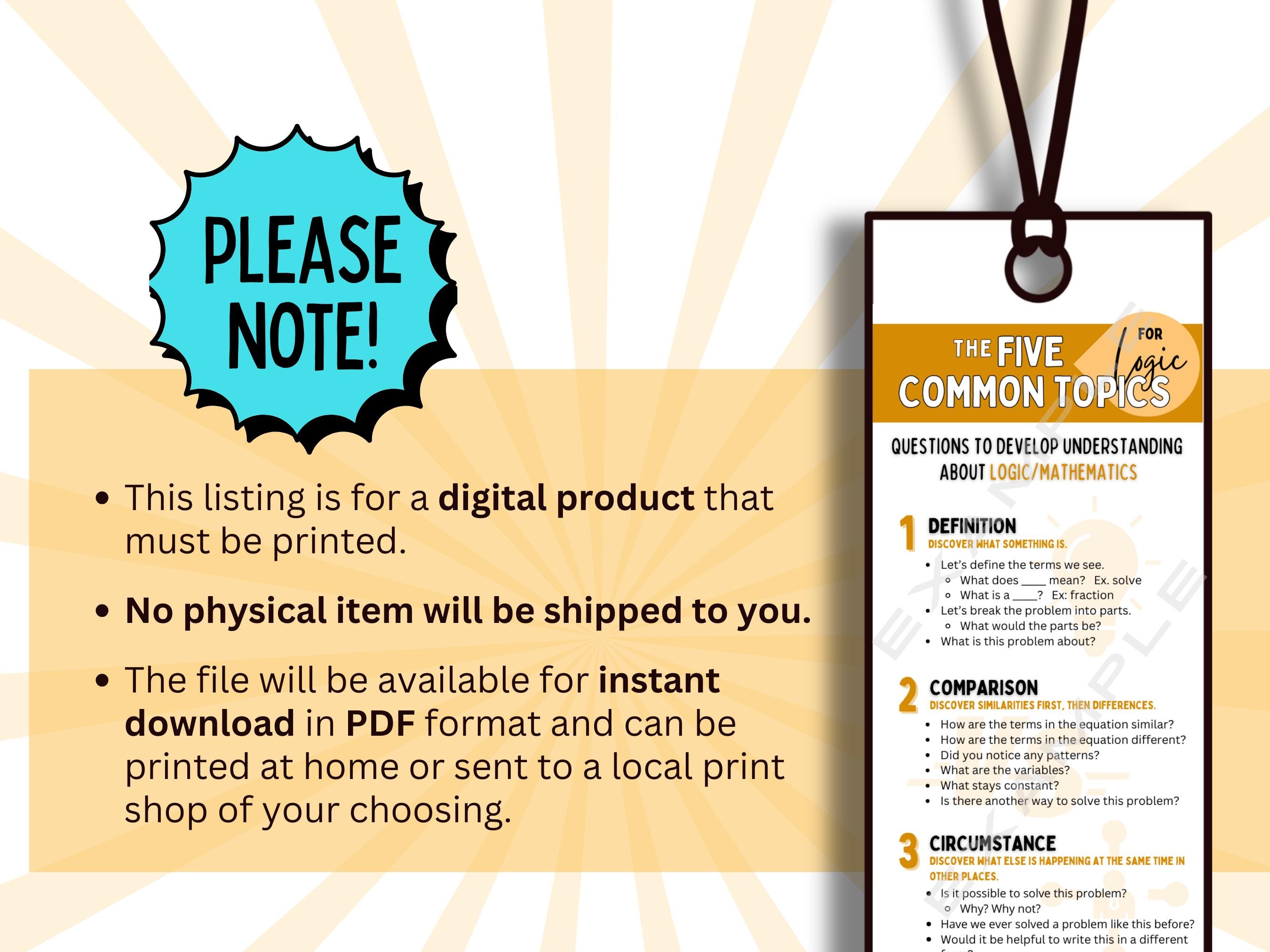 Five Common Topics Logic Bookmark, Math Discussion Bookmark, Math ...