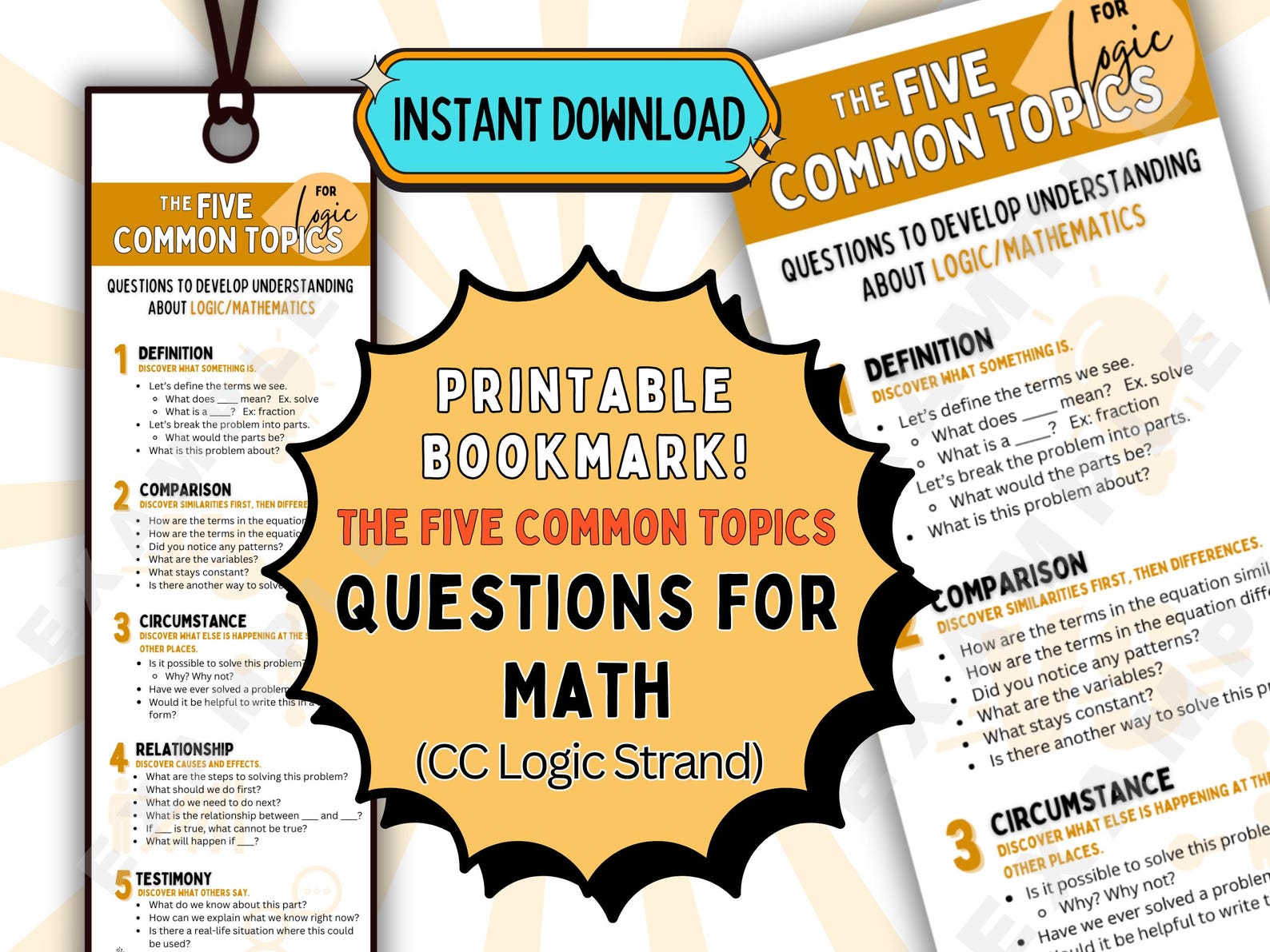 Five Common Topics Logic Bookmark, Math Discussion Bookmark, Math ...