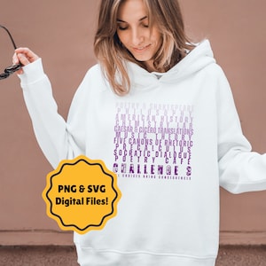 May include: White hoodie with a purple graphic design that says "Challenge 3" and lists various academic subjects. The graphic design is a word cloud with the words stacked on top of each other. The hoodie is on a model. The image also includes a yellow circle with the text "PNG & SVG Digital Files!"
