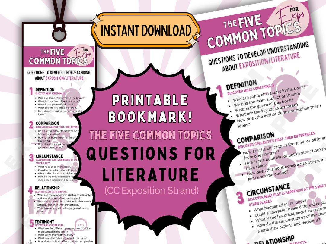 Five Common Topics Literature, Literature Discussion Bookmark, Literary ...