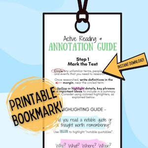 Könnte beinhalten: Druckbarer Lesezeichen mit einer Anleitung zum aktiven Lesen und Anmerken. Die Anleitung enthält Schritte zum Markieren des Textes, wie z. B. das Einkreisen unbekannter Begriffe und das Schreiben von Definitionen am Rand. Sie enthält auch eine Hervorhebungsanleitung mit Anweisungen, Blau für bemerkenswerte Zitate zu verwenden.