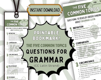 Cinque argomenti comuni Grammatica, Segnalibro di discussione latina, Domande di comprensione latina, Conversazioni classiche, Sfida CC, CC Latino