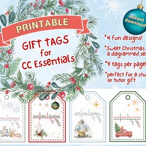 May include: Printable Christmas gift tags featuring four different designs with a Christmas-themed illustration and a diagrammed sentence that says "You Have a Merry Christmas".