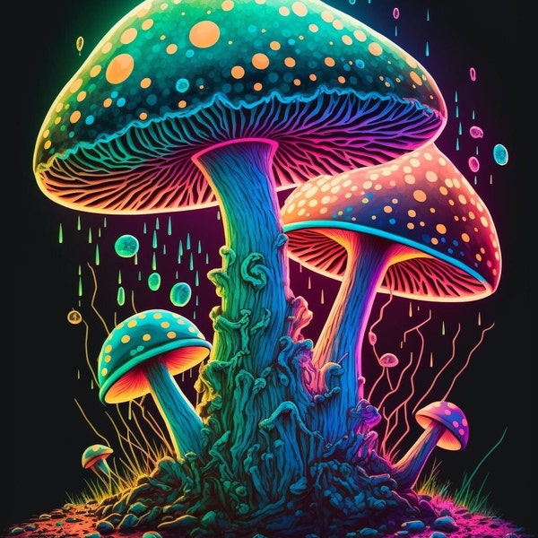 Psychedelic Mushrooms, Digital Download, Digital Print, Bright Neon Colors, College Dorm Art, Power of the Mushroom