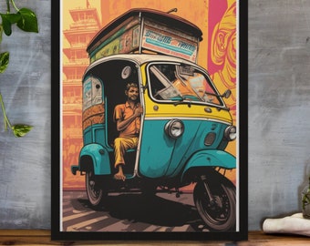 Indian Desi Wall Art Print Poster - Bombay Auto Rickshaw, Indian Pop Art, Desi Illustrations, Home Wall Decor, Wall Art, Digital Download.