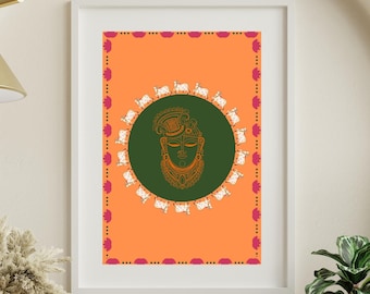 Pichwai Art Print, Shrinathji & Cow, Indian Folk Art (Digital Download)