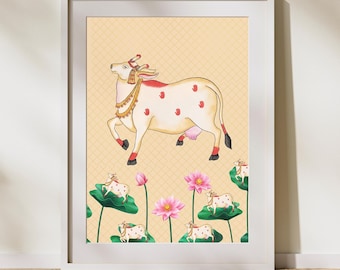 Pichwai Cow & Lotus Print, Indian Folk Art (Digital Download)