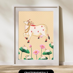 Indian Folk Art, Cow Prints, Living Room decor, Printable, Home Decor, Indian Vintage, Lotus, Pichwai Painting, Poster, Wall Art,Pichwai Art