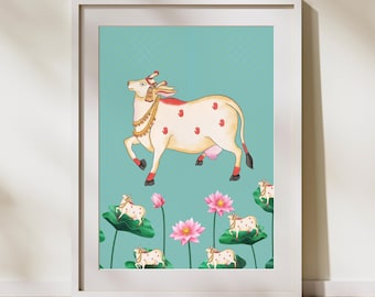 Pichwai Cow Lotus Print, Indian Folk Art (Digital Download)