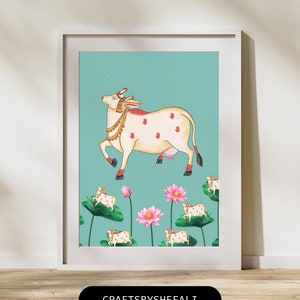 Indian Folk Art, Cow Prints, Living Room decor, Printable, Home Decor, Indian Vintage, Lotus, Pichwai Painting, Poster, Wall Art,Pichwai Art