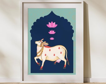 Impressão de vaca Pichwai, pôster de arte popular indiana (download digital)