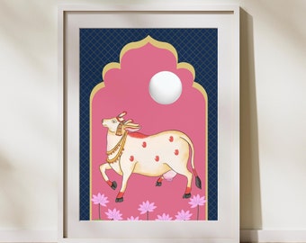 Pichwai Cow Art Print, Indian Folk Art, Lotus, Vintage Home Decor (Digital Download)