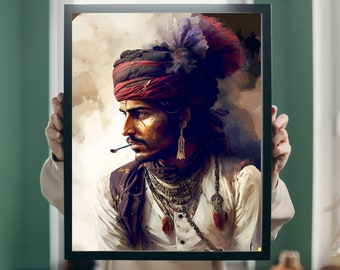 May include: A painting of a man with a red and black turban, wearing a white shirt and a brown vest with gold jewelry. He has a mustache and is holding a pipe in his mouth.