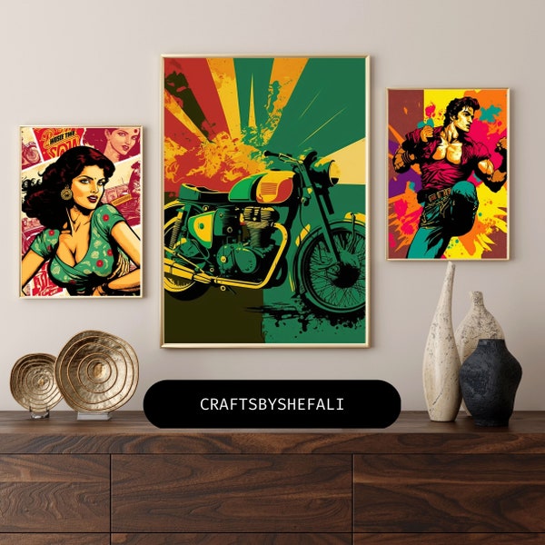 Bollywood PopArt Set of 3, Indian Wall Art, Asian Art, South Indian Art, Desi Prints, Indian Art Print, South Asian Art, DIGITAL DOWNLOAD