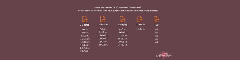 May include: A chart showing the standard frame sizes for prints in five different aspect ratios: 2:3, 3:4, 4:5, 11:14 inches, and ISO. The chart lists the dimensions of each frame size in inches.