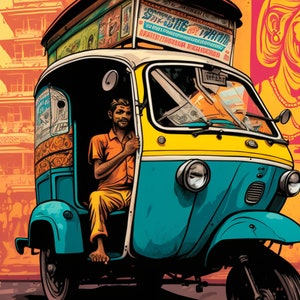 May include: A blue and yellow auto rickshaw with a colorful roof and a man sitting inside. The rickshaw has a sign on the roof that says "Sarvajanik Vahan".
