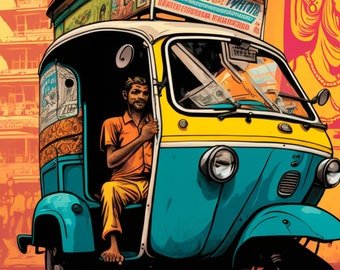 Può includere: Un risciò blu e giallo con un tetto colorato e un uomo seduto all'interno. Il risciò ha un cartello sul tetto che dice "Sarvajanik Vahan".