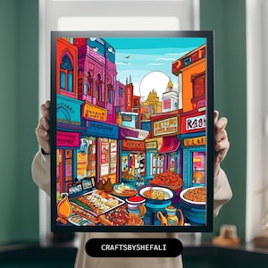 Indian Desi Wall Art Print Poster - Indian Old City Market ,Indian Pop Art,Desi Illustrations, Home Wall Decor, Vintage, Digital Download.