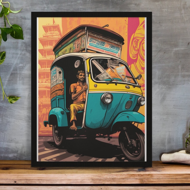 May include: A colorful illustration of a three-wheeled auto rickshaw, also known as a tuk-tuk, driving down a street in a city. The rickshaw is blue and yellow with a white roof and a man is driving it. The rickshaw is decorated with various advertisements and the text "Sir Cafe & Tandoor" is visible on the side.