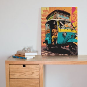 May include: A colorful illustration of a blue and yellow auto rickshaw with a man driving. The rickshaw is decorated with the words "One Side Trip" and is set against a background of a city scene.
