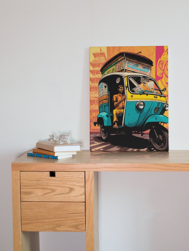 May include: A colorful illustration of a blue and yellow auto rickshaw with a man driving. The rickshaw is decorated with the words "One Side Trip" and is set against a background of a city scene.
