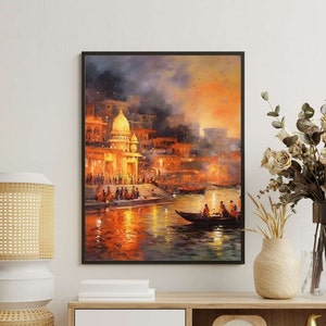 Indian Desi Wall Art Print Poster - Vintage Ganga Ghat, Indian Pop Art, Desi Illustrations, Home Wall Decor, Vintage, Digital Download.